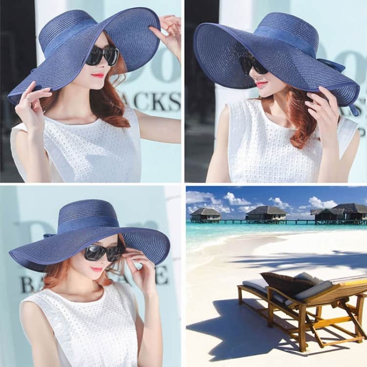 women summer hats foldable wide large brim beach sun straw cap elegant hats caps color blue(m)