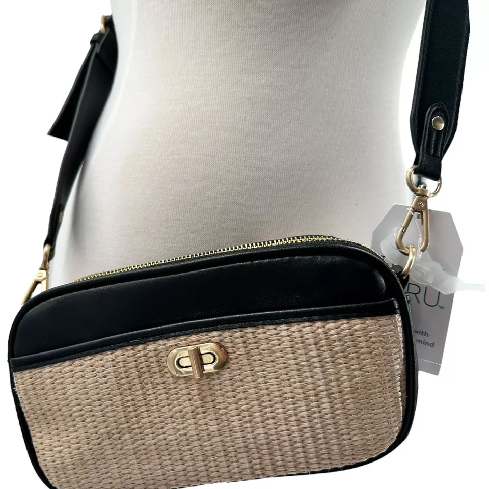 time and tru women’s annamarie woven cross body bag black gold w/tan straw