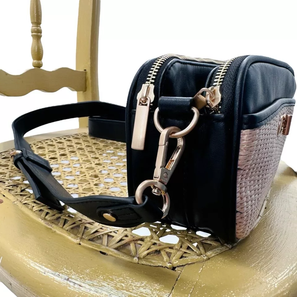 time and tru women’s annamarie woven cross body bag black gold w/tan straw