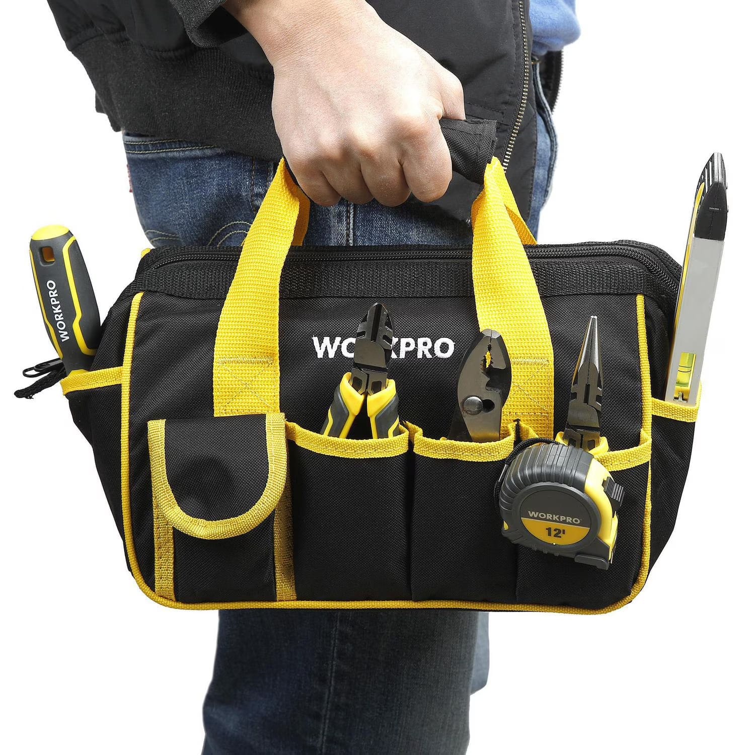 workpro household tool set 32 piece, 12 pocket zip up tool bag