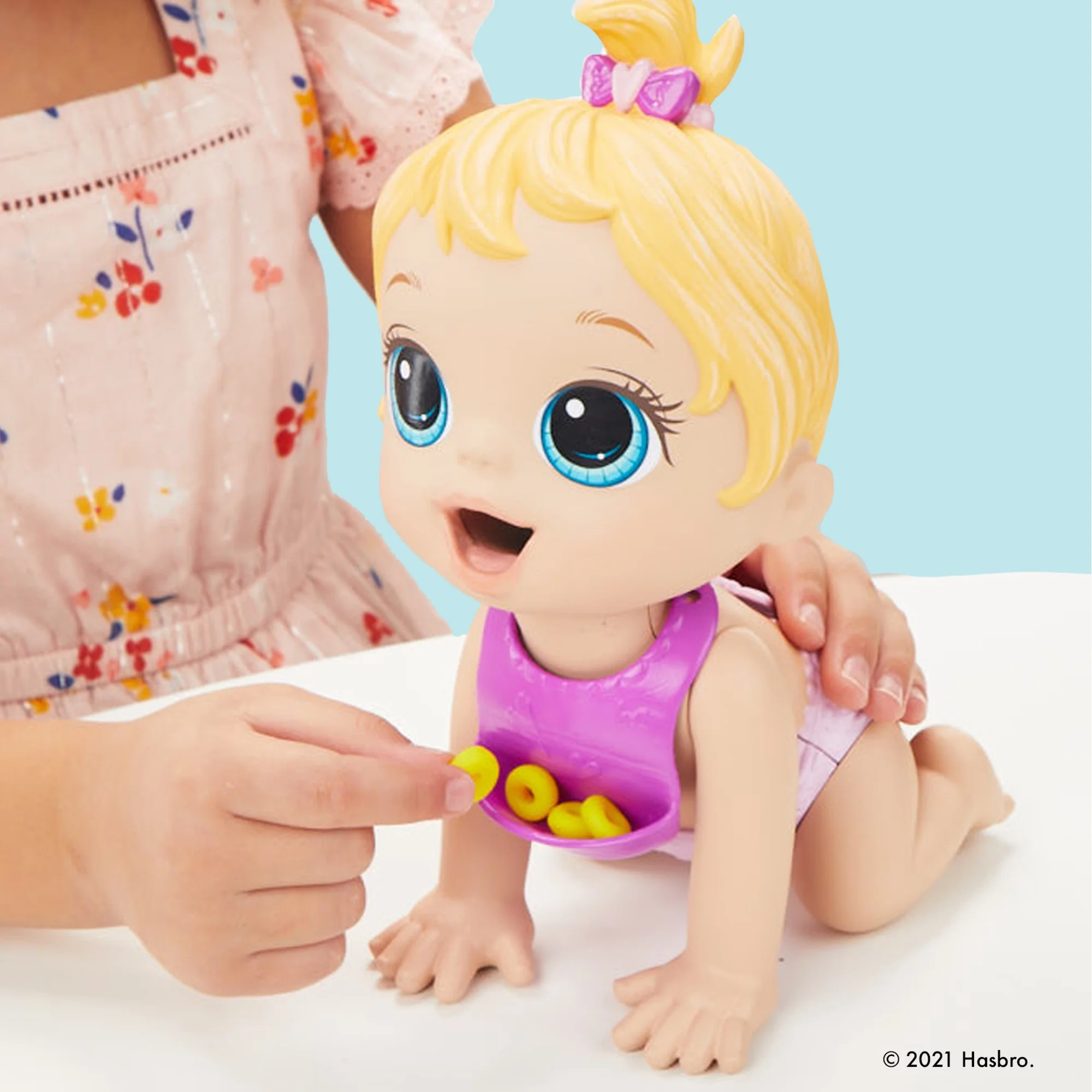 baby alive lil snacks doll, eats and "poops," 8 inch baby doll toy, kids ages 3+, blonde hair
