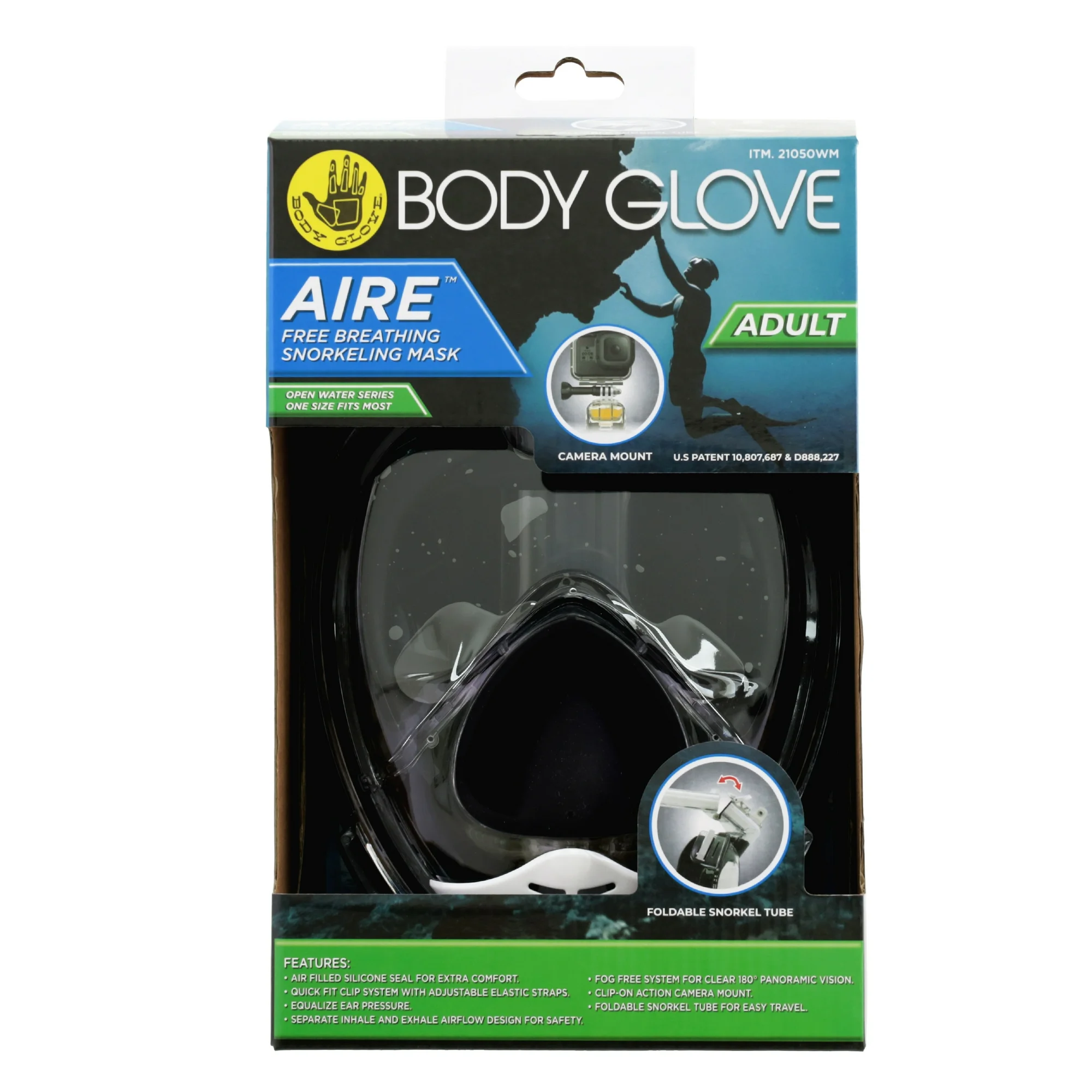 body glove adult aire free breathing swimming diving snorkel mask with gopro mount (black)