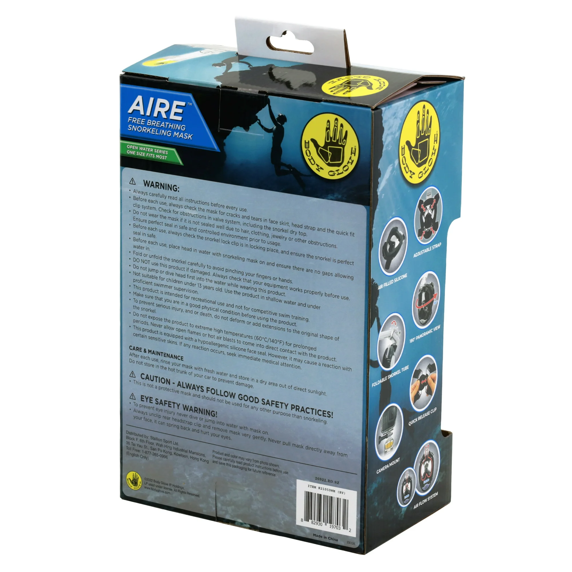 body glove adult aire free breathing swimming diving snorkel mask with gopro mount (black)