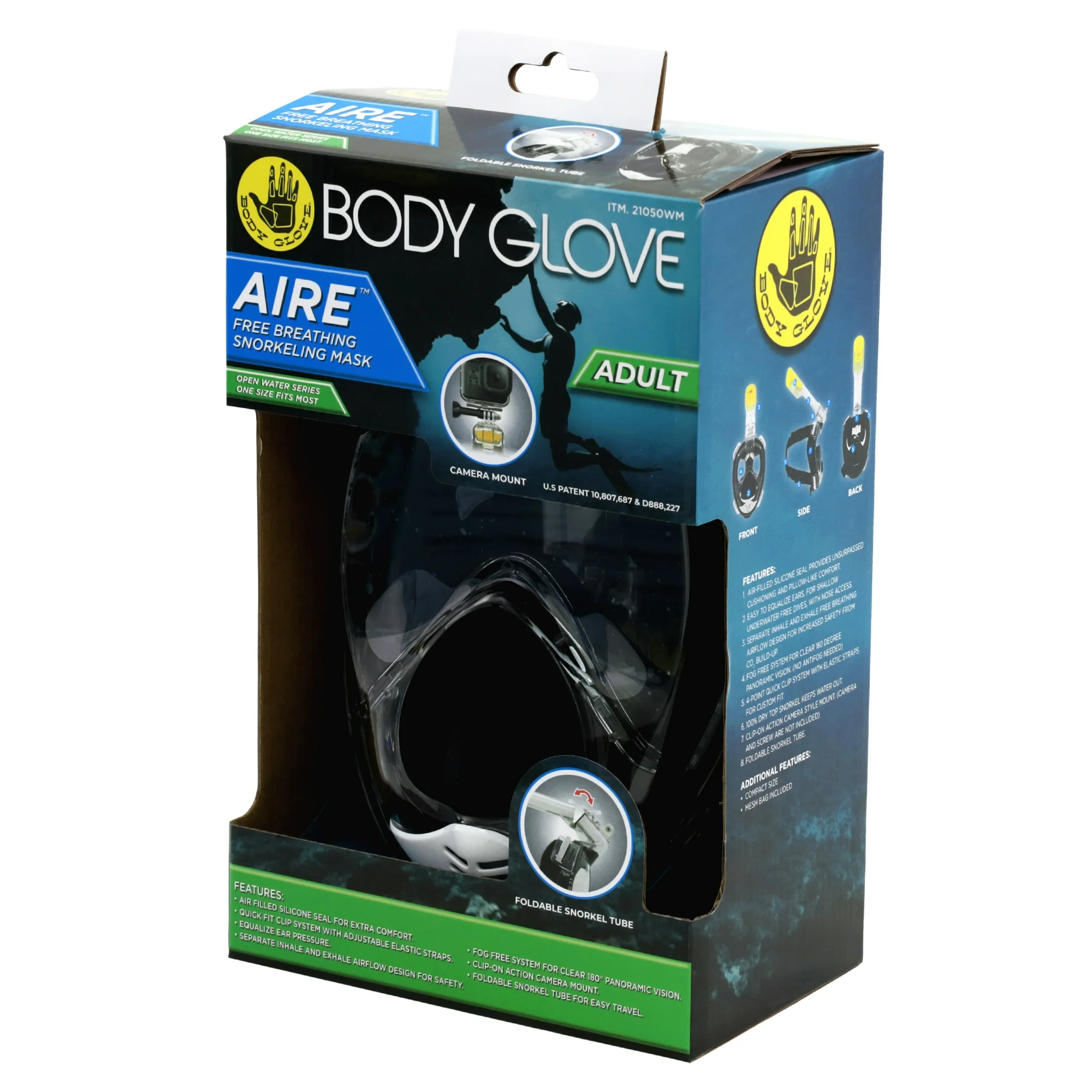 body glove adult aire free breathing swimming diving snorkel mask with gopro mount (black)