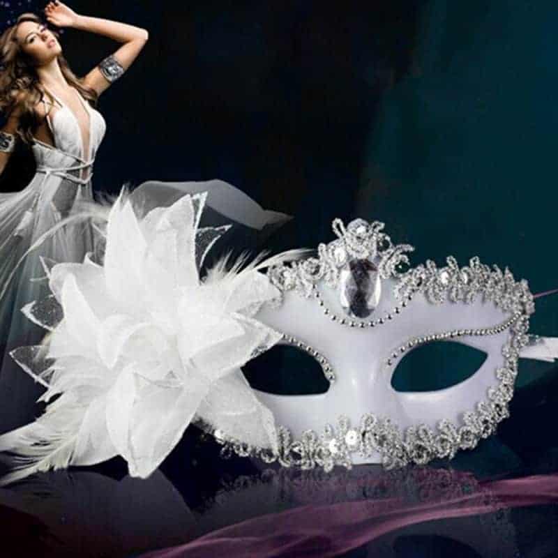 Halloween Masquerade Party Dance Plating Side Flower Feather Venice Princess Mask (White)