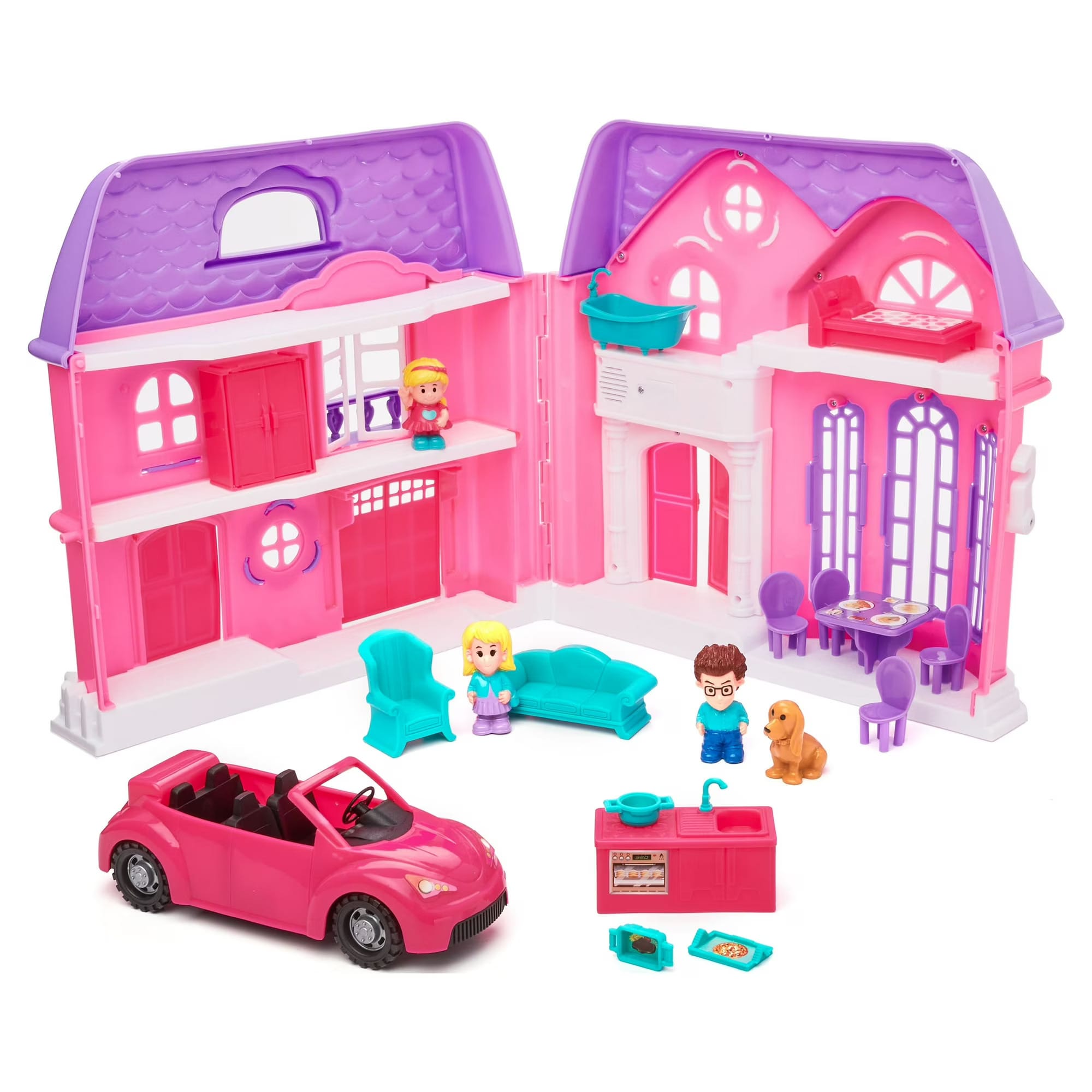 kid connection folding dollhouse with family car, 21 pieces