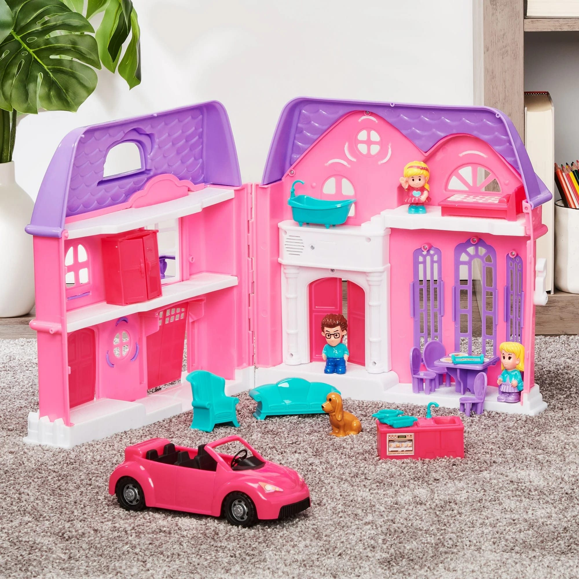kid connection folding dollhouse with family car, 21 pieces