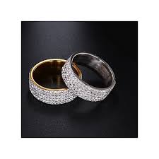 stainless steel eternity ring for wedding band engagement promise high quality crystal and rhinestones inlaid circle round (gold)