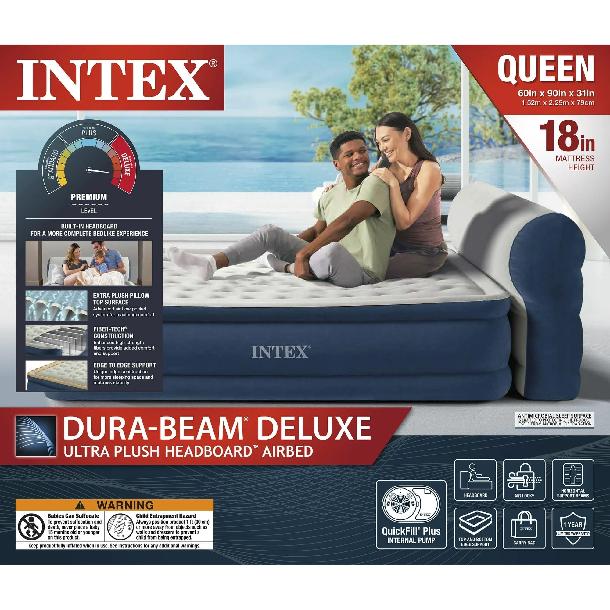 intex queen headboard dura beam deluxe raised air bed mattress with built in pump 18" mattress height