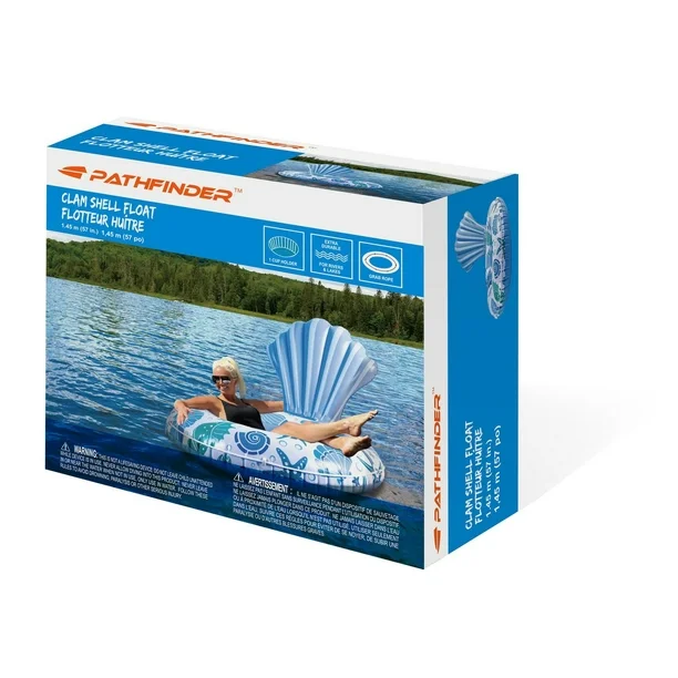 pathfinder inflatable 57" 1 person unisex clam shell float with seashore design and cupholder