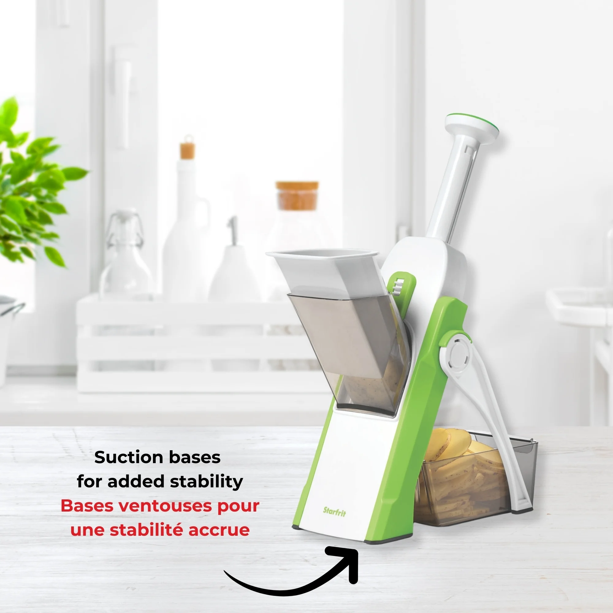 starfrit pump'n'slice vertical mandoline, food chopper, slicer safe enclosed blades folds for storage | cleaning tool 2 in 1