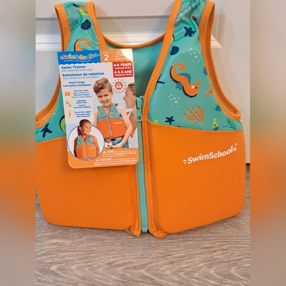 swim school swim trainer vest orange and blue