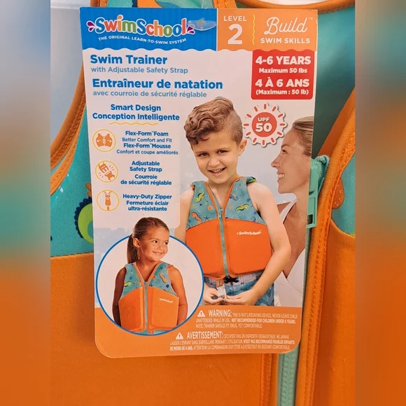 swim school swim trainer vest orange and blue