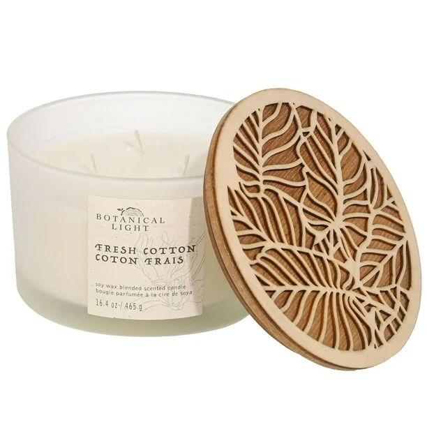 botanical light 16.4oz fresh cotton soy wax blended scented candle,3 cotton wick, · 16.4oz· 465g· 1 pack