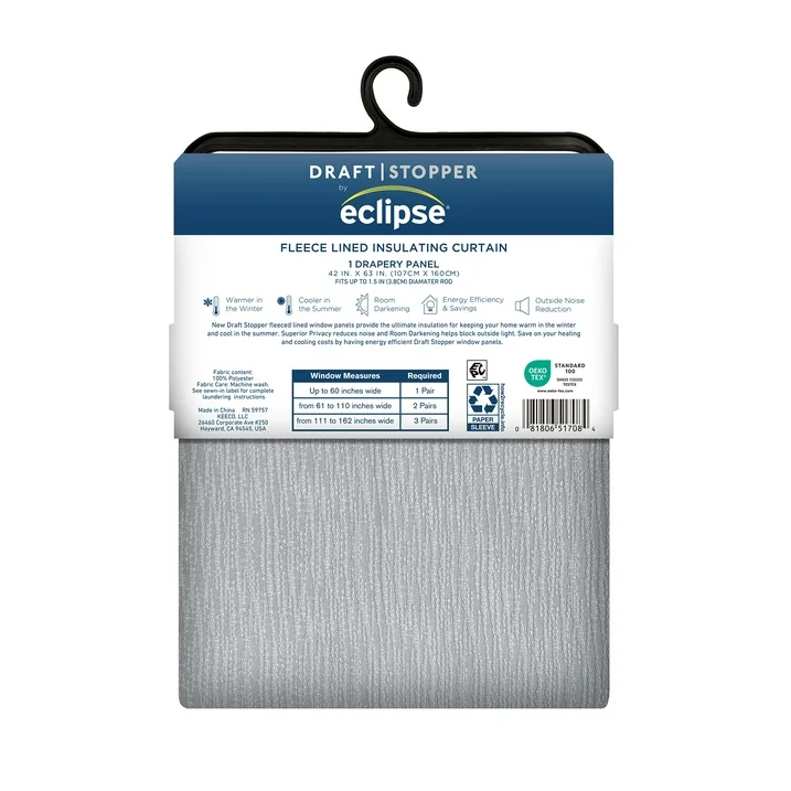 (2 pack) eclipse draft stopper room darkening fleece lined rod pocket, single curtain panel, silver, 42" w x 63" l