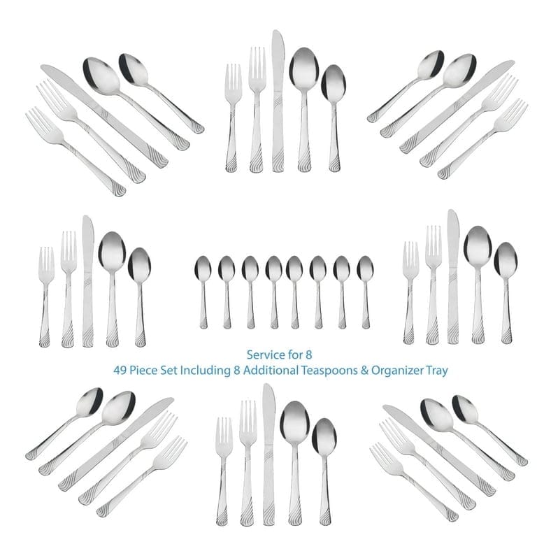 mainstays swirl 49 piece stainless steel flatware and organizer tray set, silver