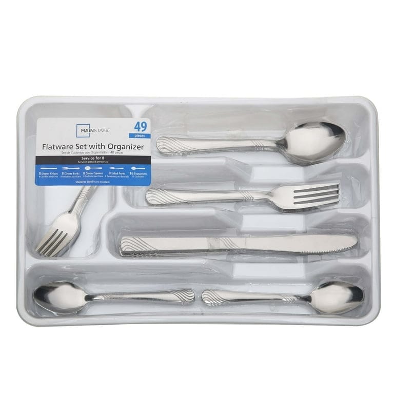 mainstays swirl 49 piece stainless steel flatware and organizer tray set, silver