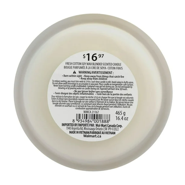 botanical light 16.4oz fresh cotton soy wax blended scented candle,3 cotton wick, · 16.4oz· 465g· 1 pack