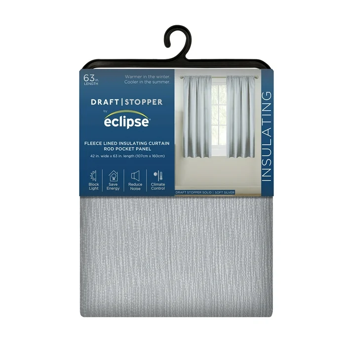 (2 pack) eclipse draft stopper room darkening fleece lined rod pocket, single curtain panel, silver, 42" w x 63" l
