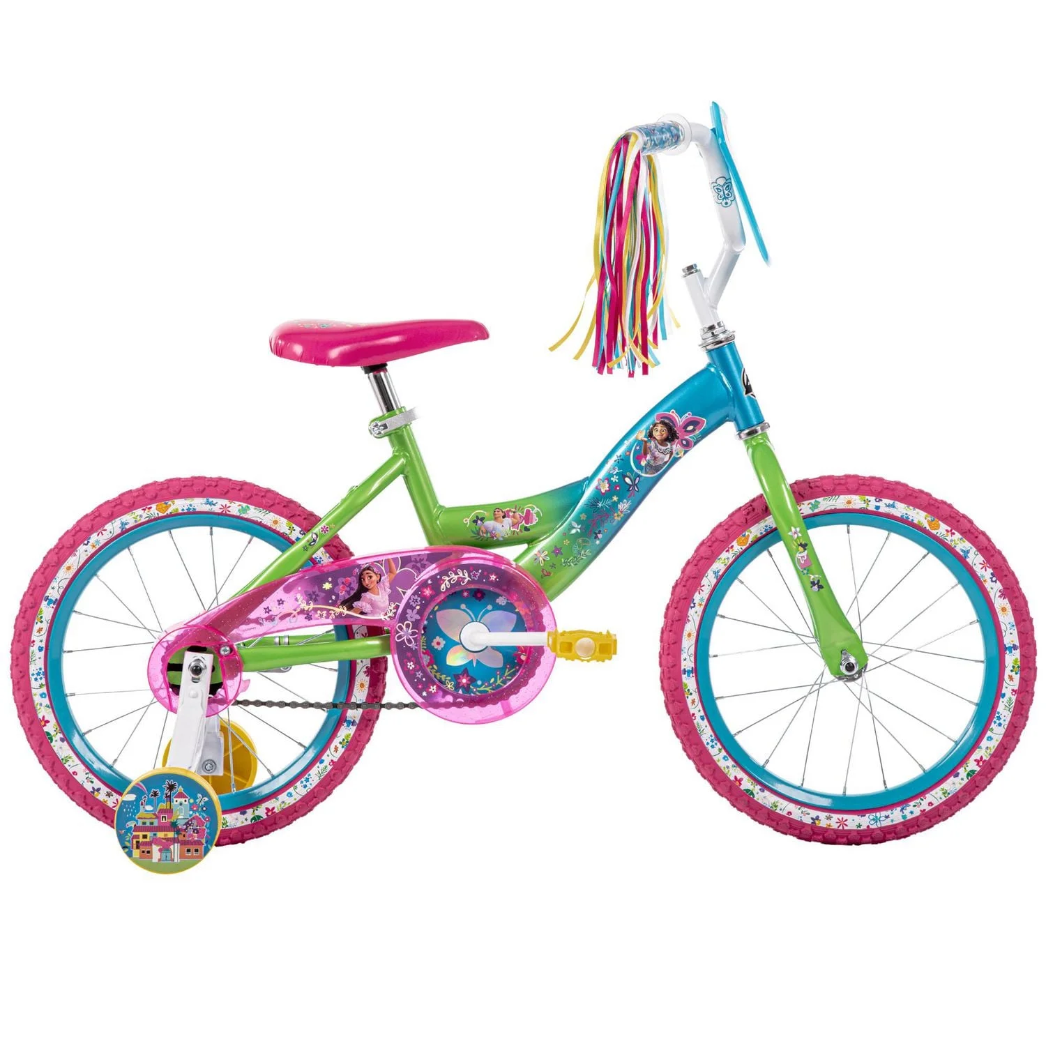 huffy disney encanto 16 inch bike for girls with training wheels, blue/pink/green huffy disney encanto 16 inch bike for girls with training wheels, blue/pink/green