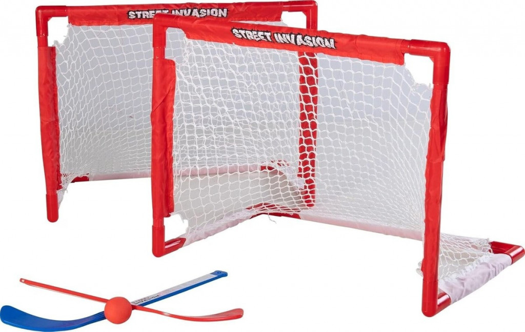 New Arrivals deluxe mini hockey set, 2 deluxe mini nets, 2 pro style curved mini sticks, foam ball, carrying bag