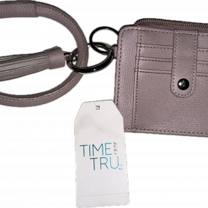 time and tru leather wallet bracelet keychain with a credit card holder – beige