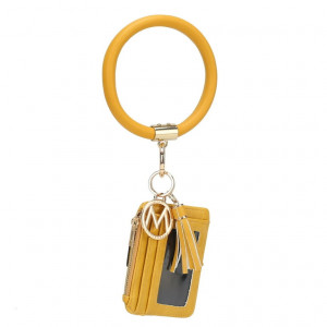 time and tru leather bracelet keychain with a credit card holder yellow